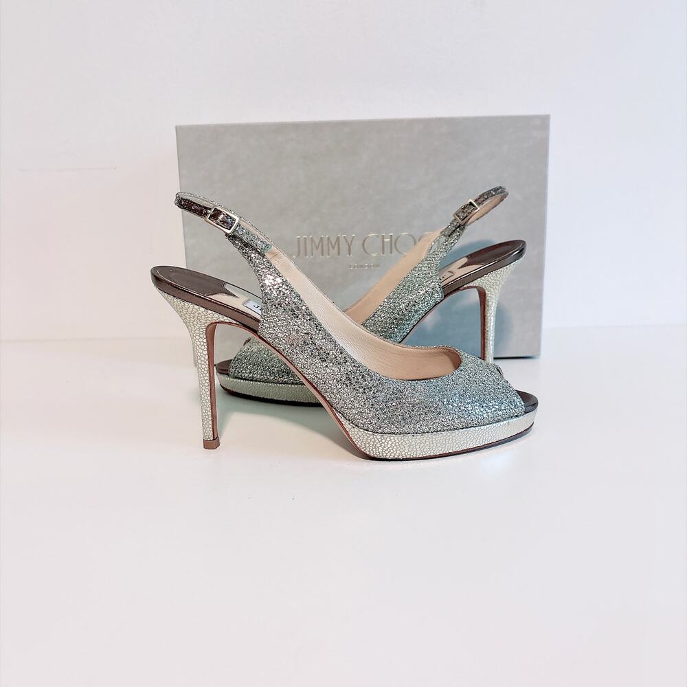 Jimmy Choo Coarse Glitter Platform Slingback Sandals 4" Heels with Box - 8.5/39